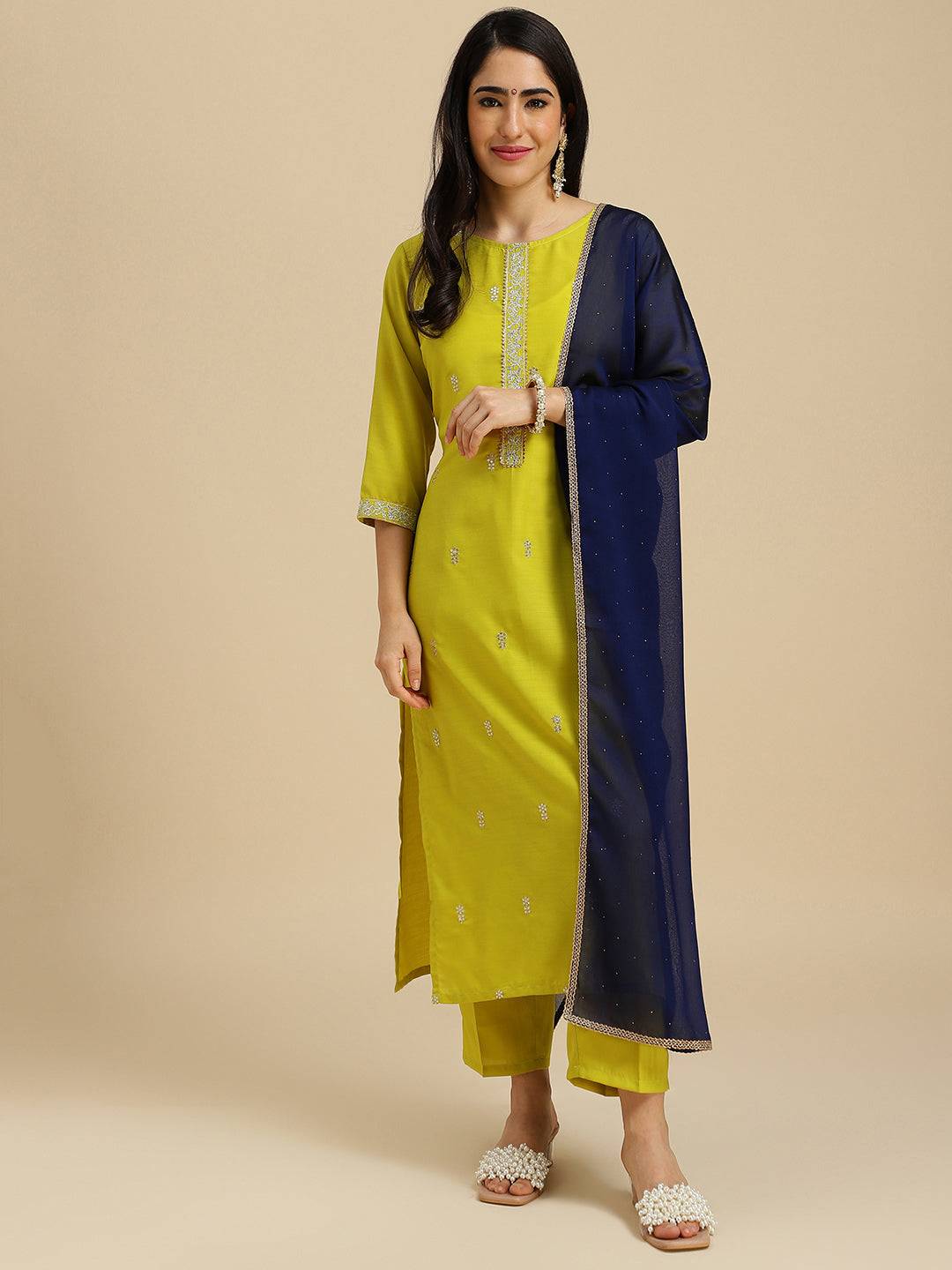 Lemon Embroidered Chinon Kurta Dupatta set