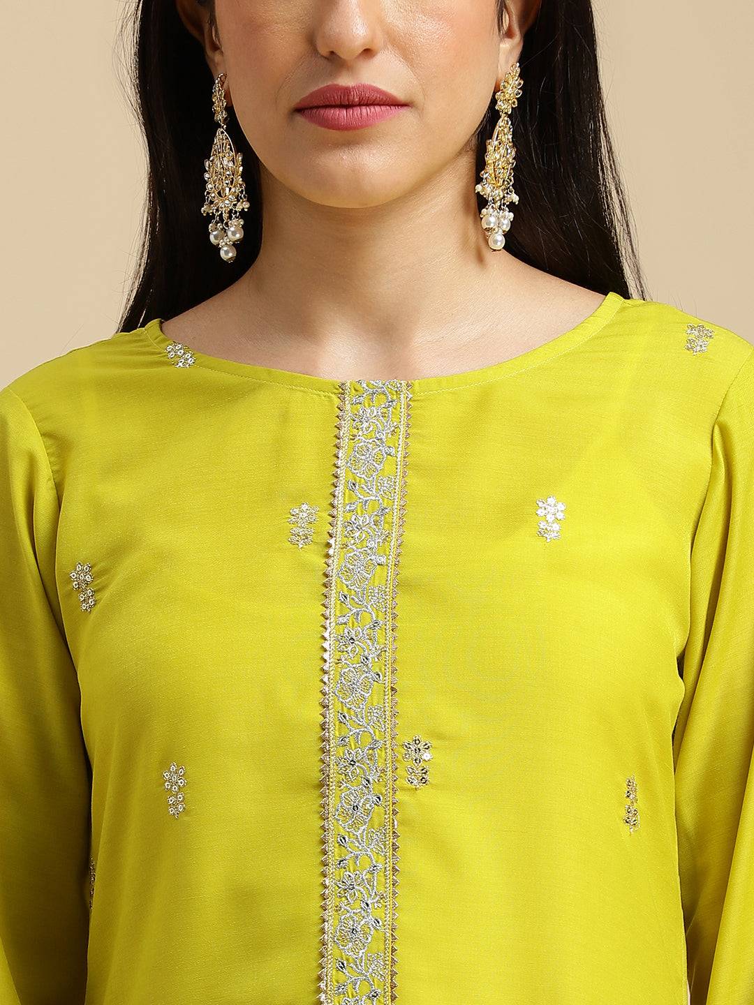 Lemon Embroidered Chinon Kurta Dupatta set