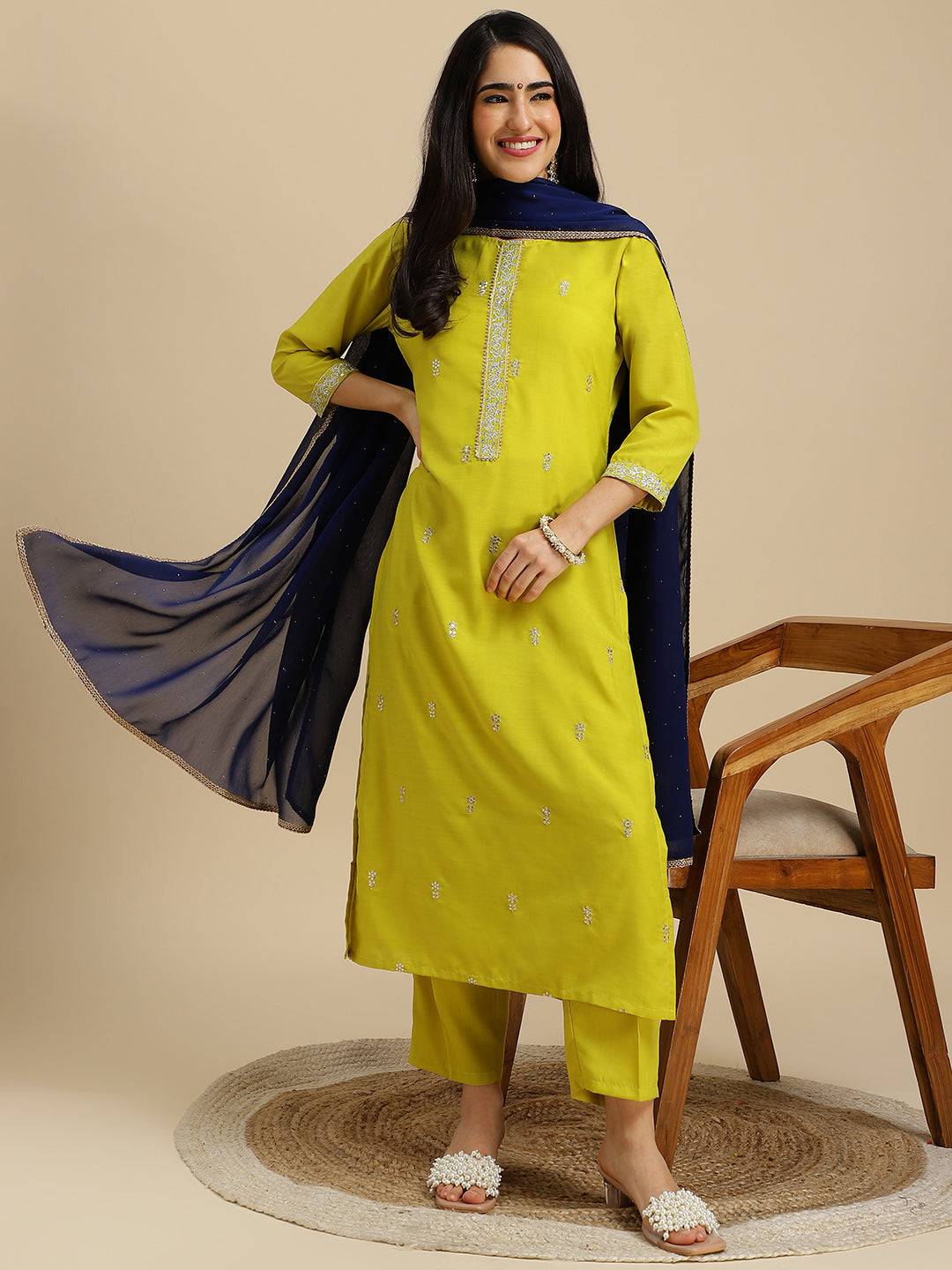Lemon Embroidered Chinon Kurta Dupatta set