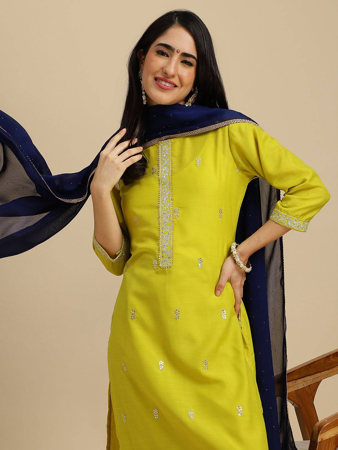 Lemon Embroidered Chinon Kurta Dupatta set
