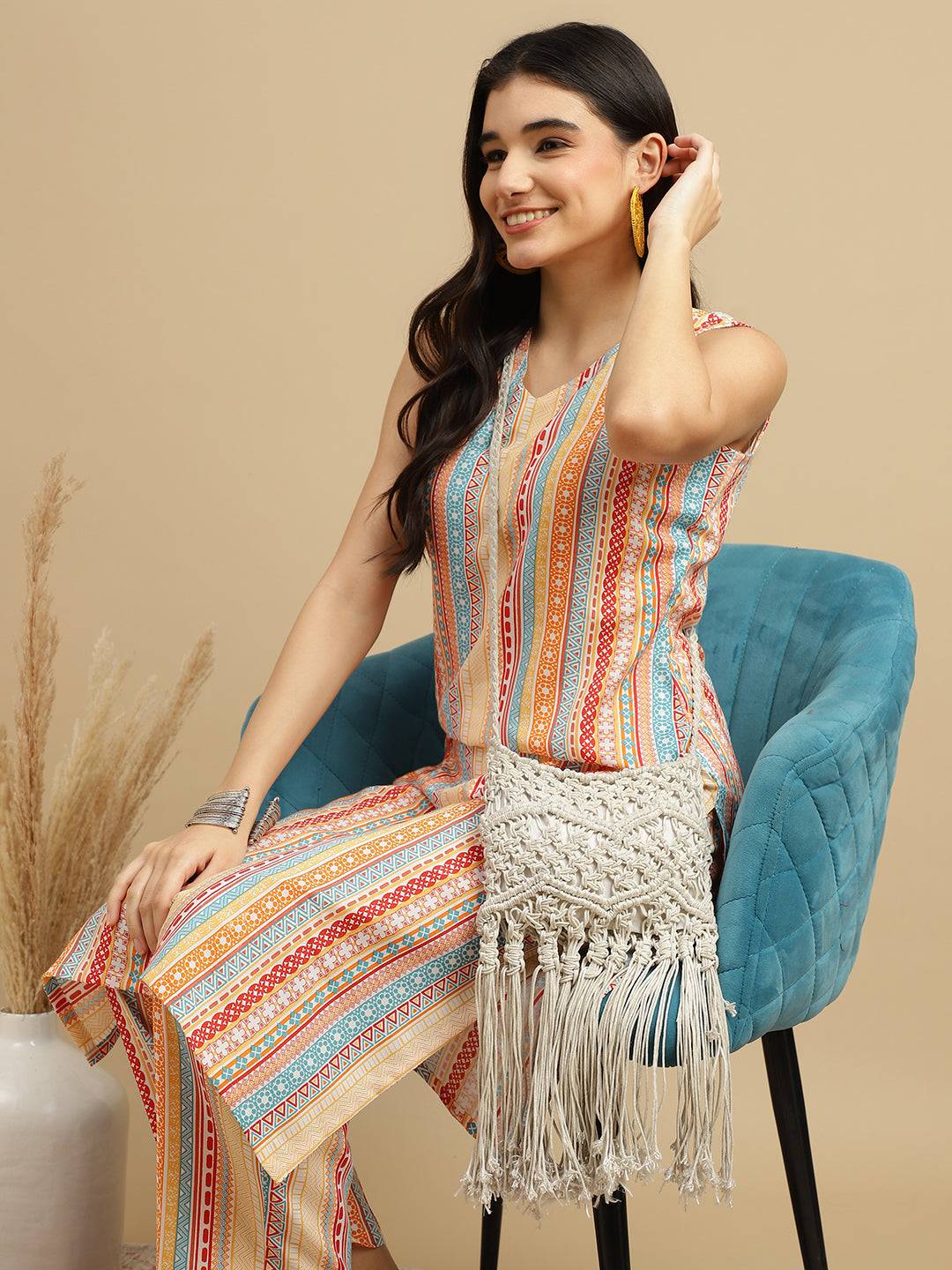 Vibrant Orange Printed Poly Rayon Kurta