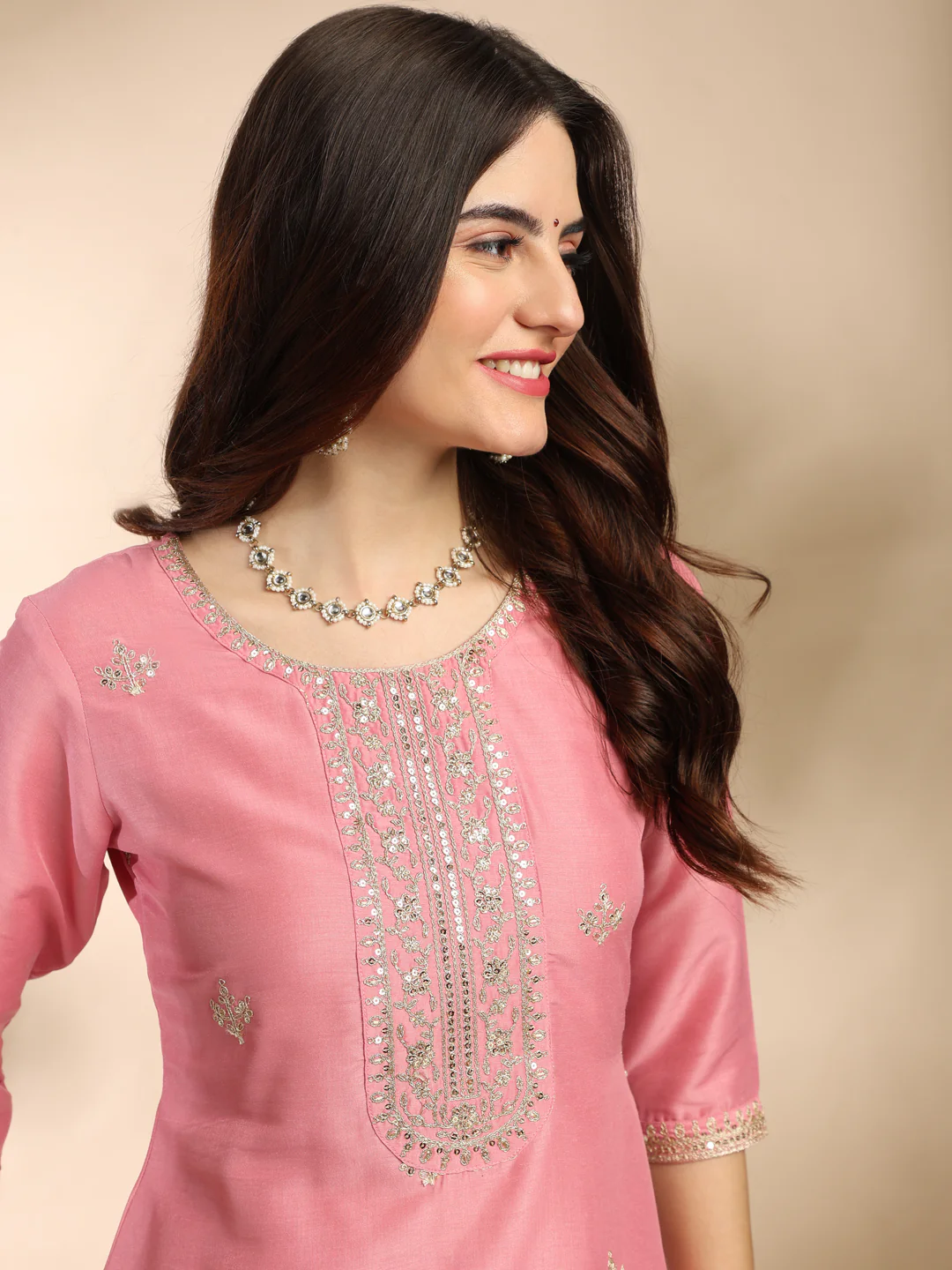 Elegant Pink Chinon Embroidered Kurta Set with Dupatta