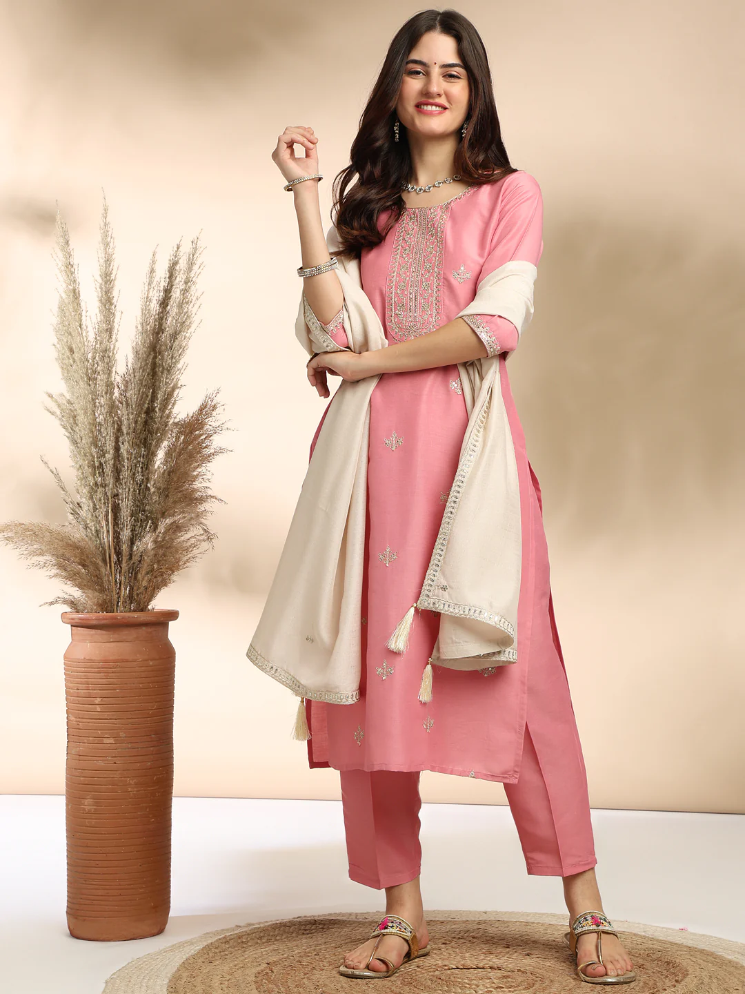 Elegant Pink Chinon Embroidered Kurta Set with Dupatta