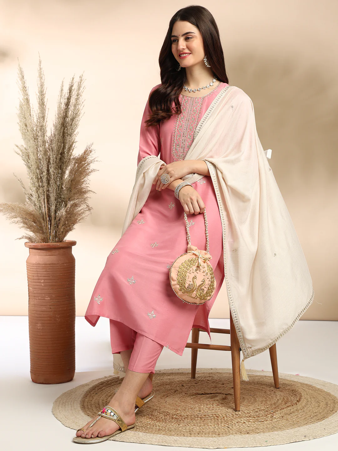 Elegant Pink Chinon Embroidered Kurta Set with Dupatta