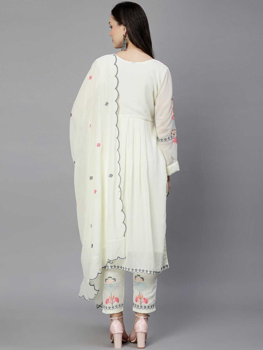 Chic Mirror Work Embroidered Kurta with Trousers & Dupatta in Georgette