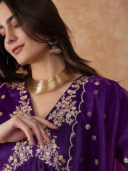 Rayon V-Neck Embroidered Kurta with Regular Cut Pant