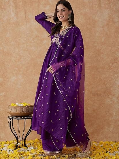 Rayon V-Neck Embroidered Kurta with Regular Cut Pant