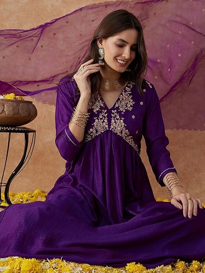 Rayon V-Neck Embroidered Kurta with Regular Cut Pant