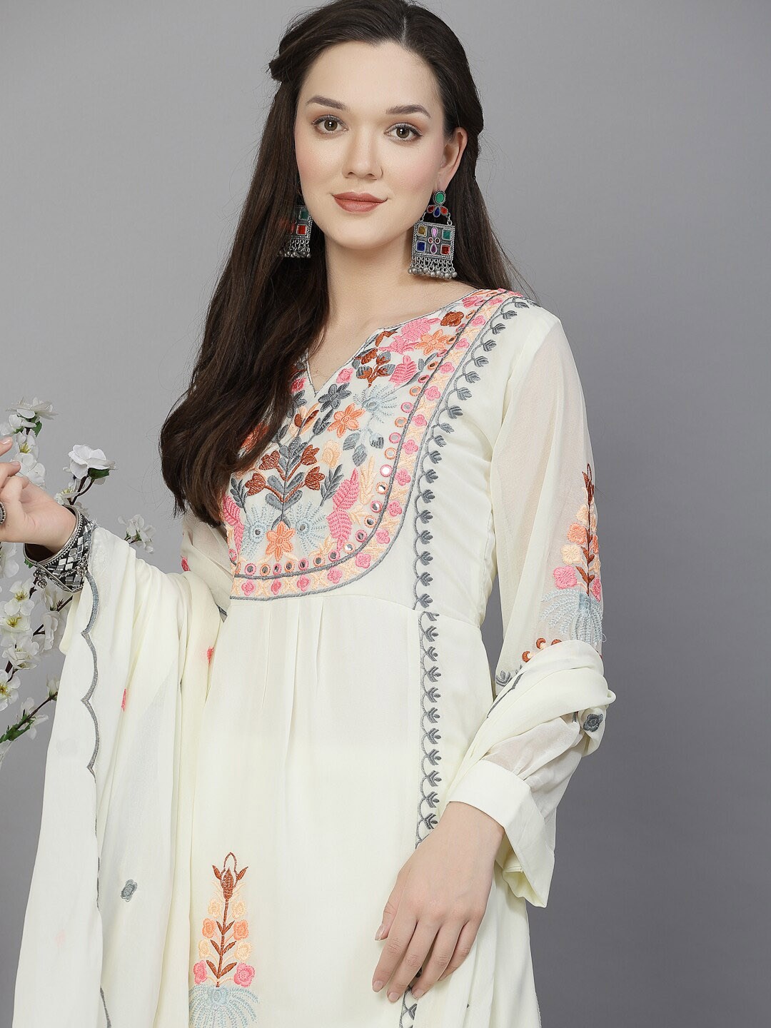 Chic Mirror Work Embroidered Kurta with Trousers & Dupatta in Georgette