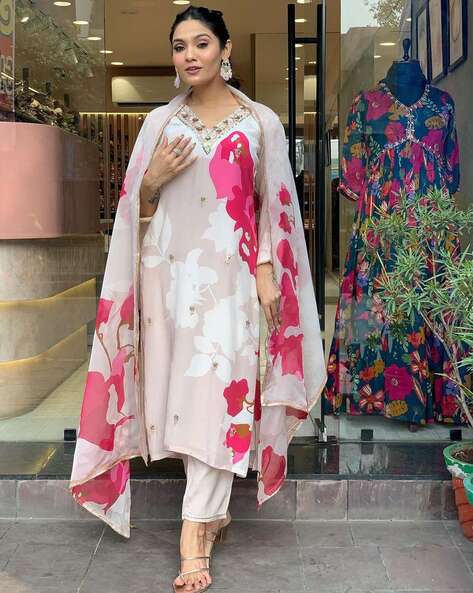 Women’s Floral Embellished Anarkali Kurta Set with Dupatta - Crepe Fabric