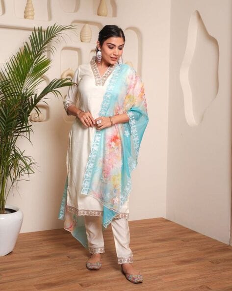 White V-Neck Embroidered Kurta Set – Solid White Ethnic Wear