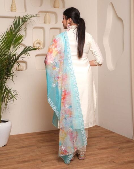 White V-Neck Embroidered Kurta Set – Solid White Ethnic Wear