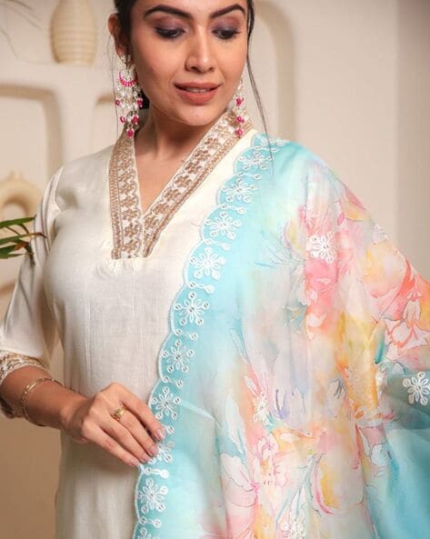 White V-Neck Embroidered Kurta Set – Solid White Ethnic Wear