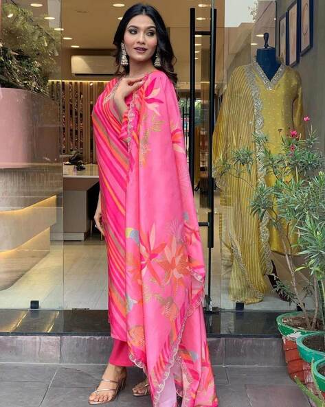 Women Pink Leheriya Print Straight Kurta Set