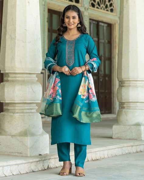 Teal Embroidered Straight Kurta Set for Women