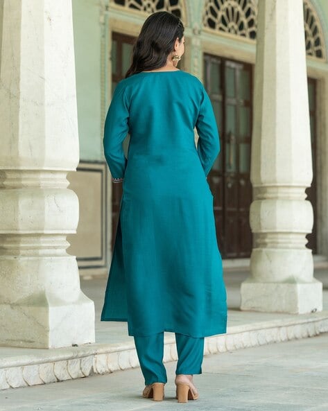 Teal Embroidered Straight Kurta Set for Women