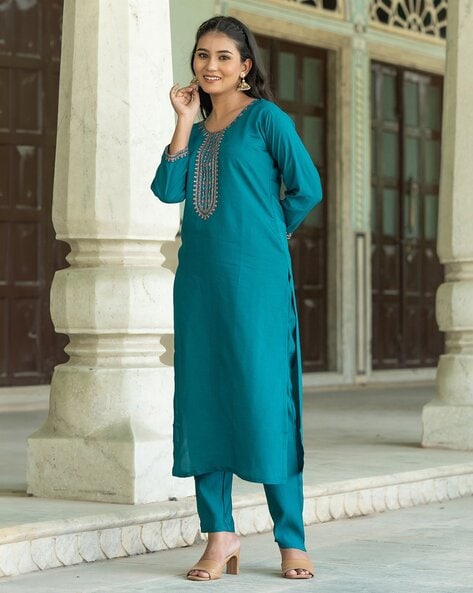 Teal Embroidered Straight Kurta Set for Women