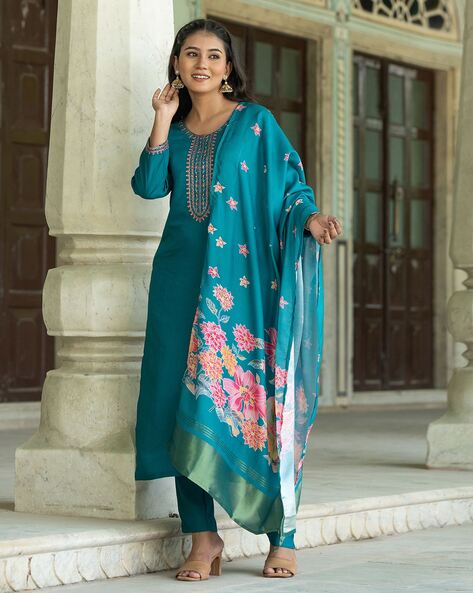 Teal Embroidered Straight Kurta Set for Women