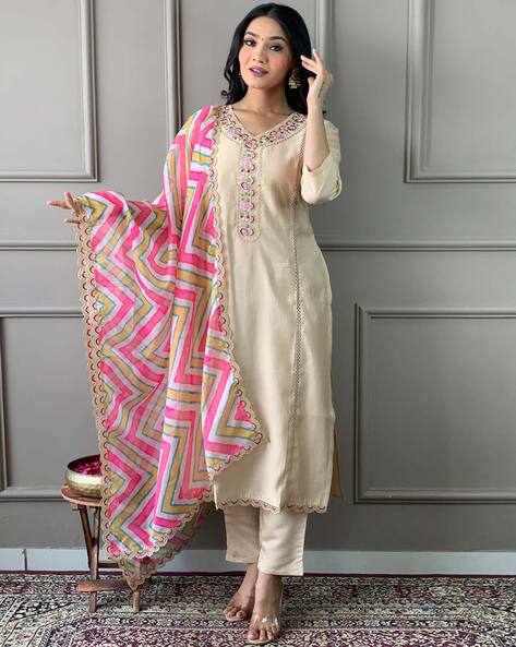 Elegant Khaki Embroidered Straight Kurta Set for Women