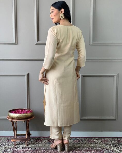Elegant Khaki Embroidered Straight Kurta Set for Women