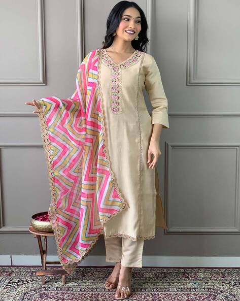 Elegant Khaki Embroidered Straight Kurta Set for Women