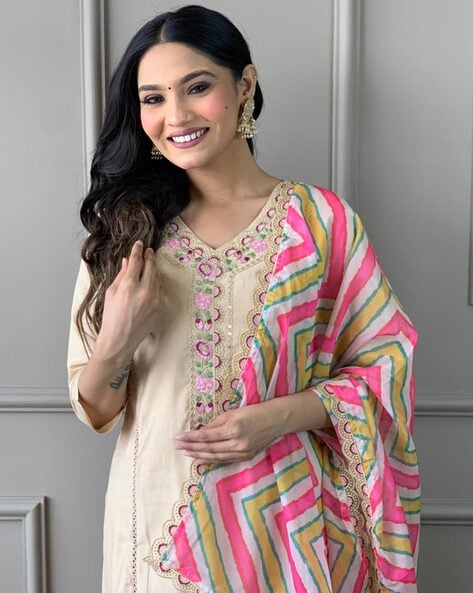 Elegant Khaki Embroidered Straight Kurta Set for Women
