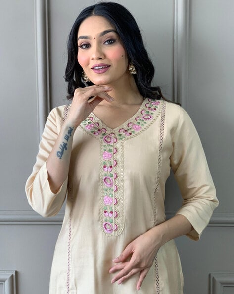 Elegant Khaki Embroidered Straight Kurta Set for Women