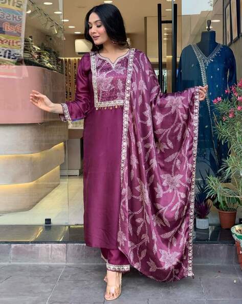 Women’s Embroidered Straight Kurta Set in Purple