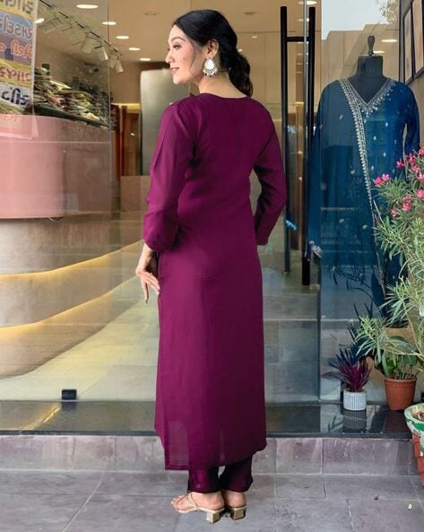 Women’s Embroidered Straight Kurta Set in Purple