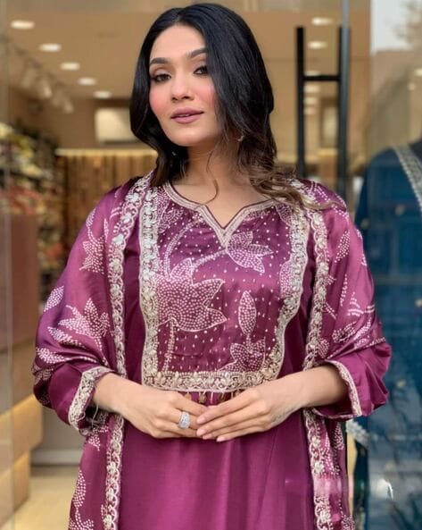 Women’s Embroidered Straight Kurta Set in Purple