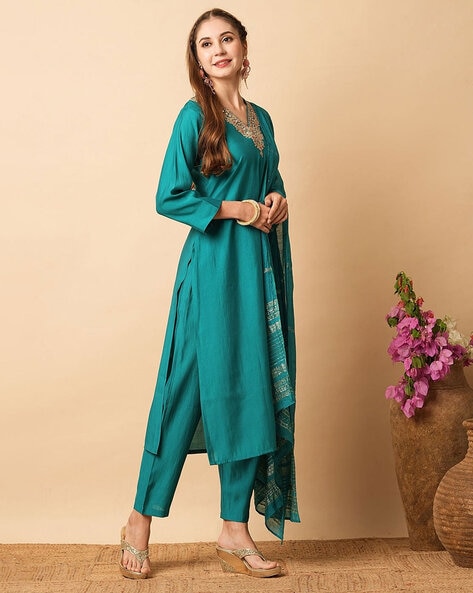 Women’s Embroidered A-Line Kurta in Turquoise Blue – Stylish & Elegant