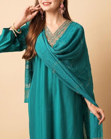 Women’s Embroidered A-Line Kurta in Turquoise Blue – Stylish & Elegant