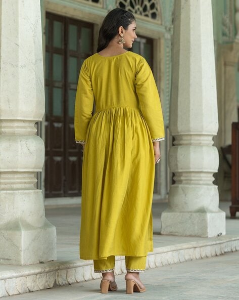 Women’s Embroidered Flared Kurta Set – Lemon Yellow Elegance