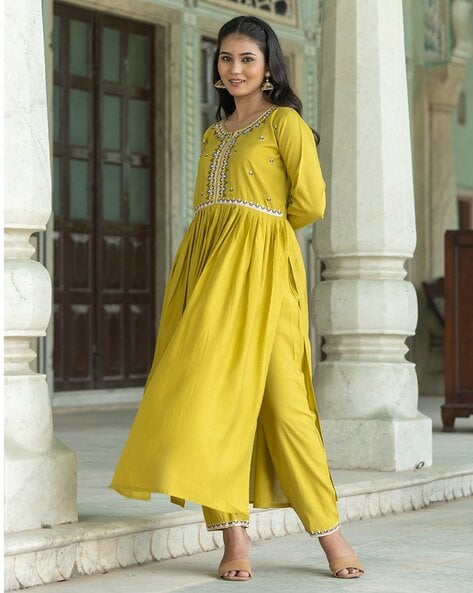 Women’s Embroidered Flared Kurta Set – Lemon Yellow Elegance