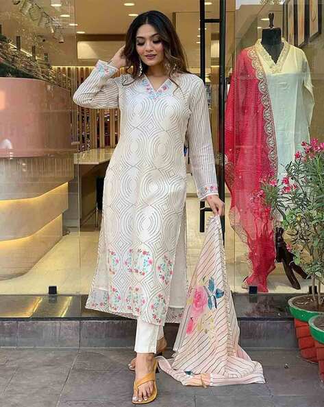 Floral Straight V-Neck Kurta – Summer Special White Suit Set