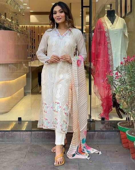 Floral Straight V-Neck Kurta – Summer Special White Suit Set