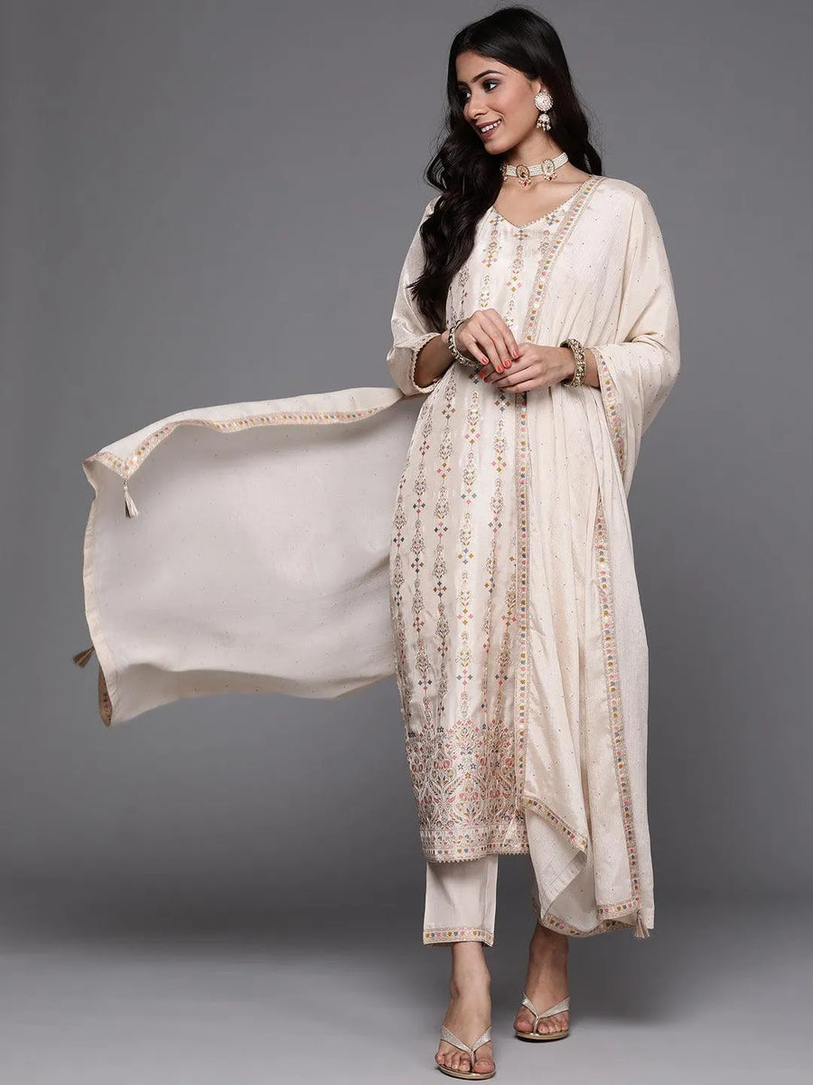 Beige Woven Design Silk Straight Kurta with Trousers & Dupatta – Festive Elegance