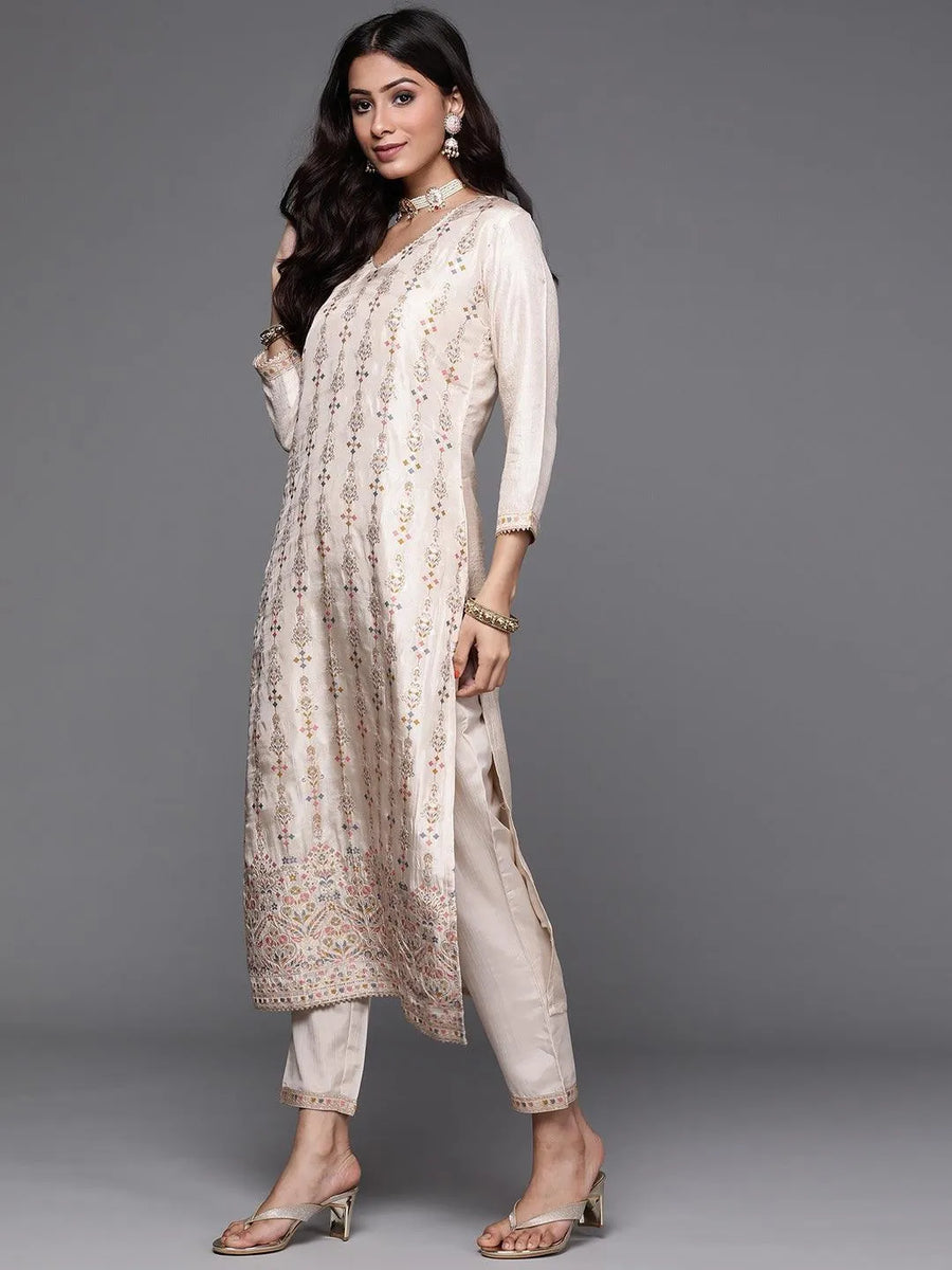 Beige Woven Design Silk Straight Kurta with Trousers & Dupatta – Festive Elegance