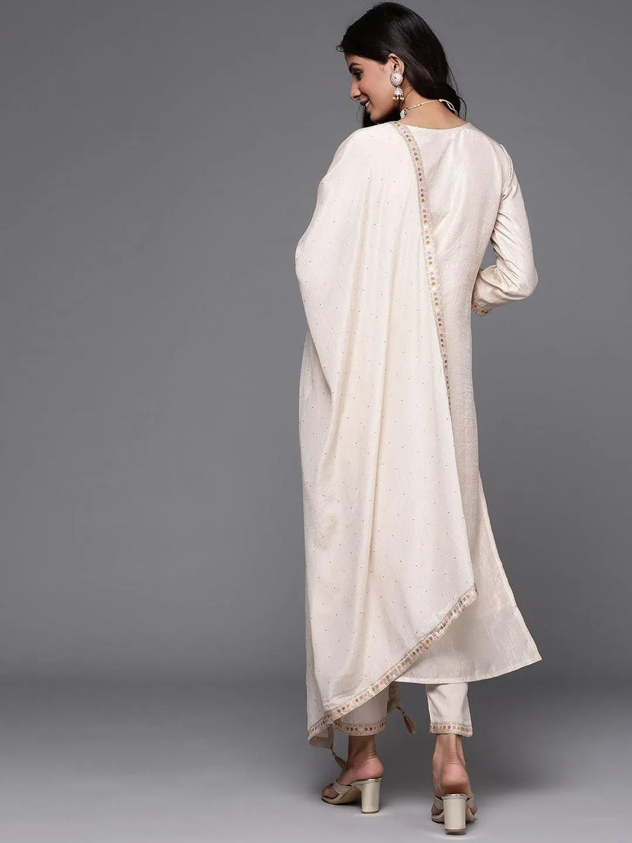 Beige Woven Design Silk Straight Kurta with Trousers & Dupatta – Festive Elegance