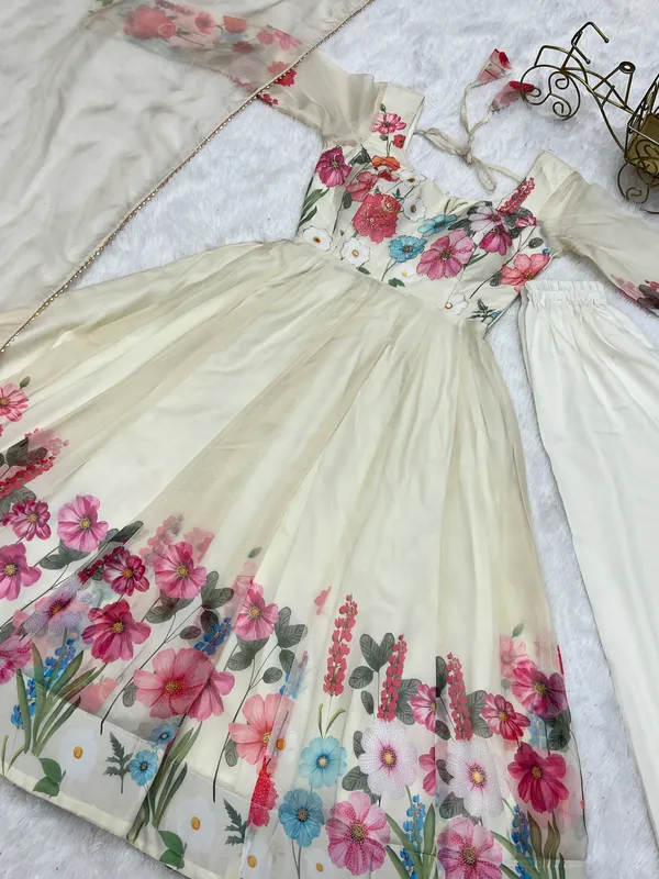 Elegant Cream Organza Silk Anarkali for Women – Perfect for Festive and Wedding Occasions
