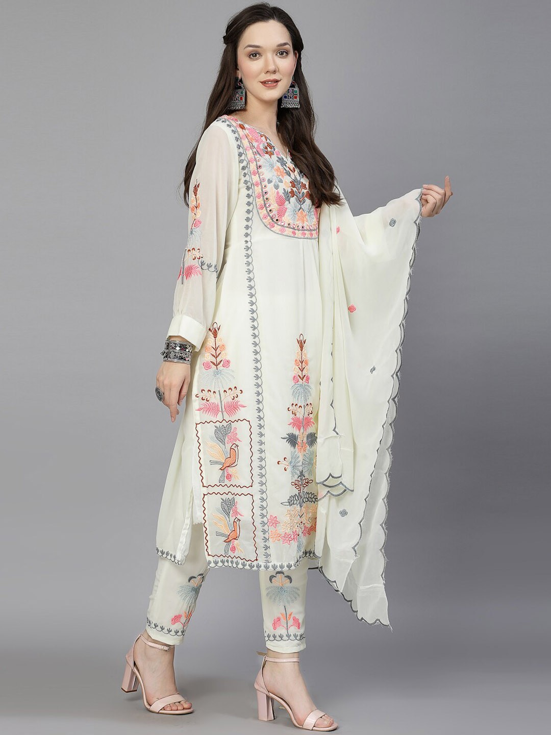 Chic Mirror Work Embroidered Kurta with Trousers & Dupatta in Georgette
