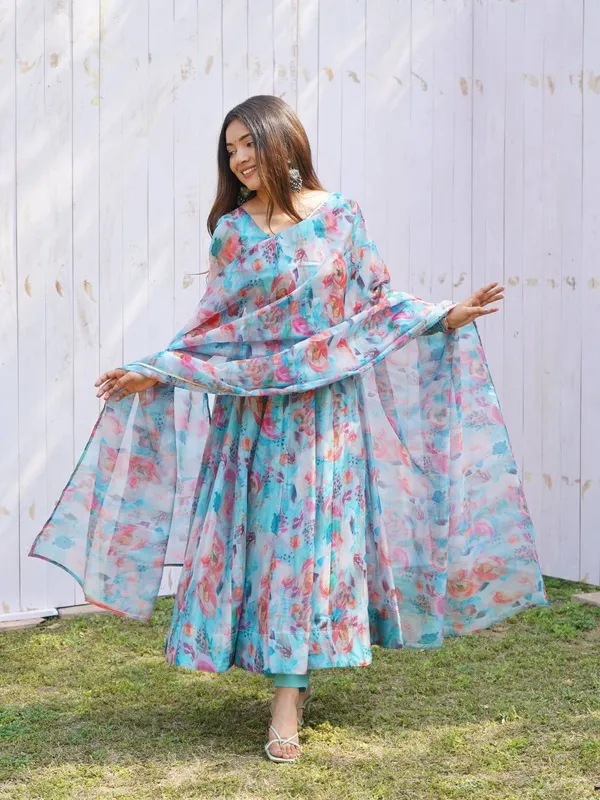 Stunning Teal Organza Silk Anarkali for Women – A Perfect Blend of Tradition and Modern Elegance