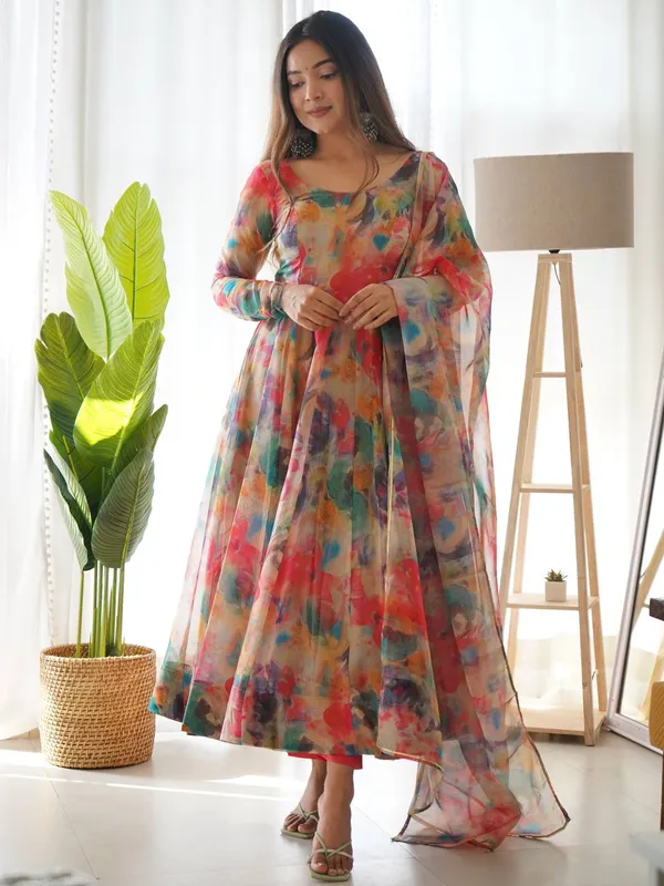 Exquisite Red Organza Silk Anarkali for Women – Perfect Ethnic Wear for Festivities