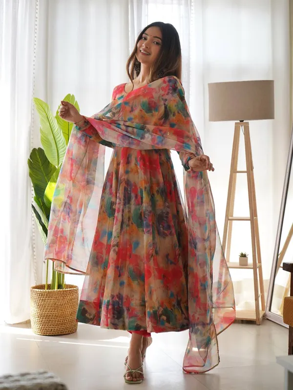 Exquisite Red Organza Silk Anarkali for Women – Perfect Ethnic Wear for Festivities