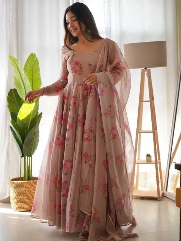 Elegant Brown Organza Silk Anarkali for Women – A Timeless Ethnic Ensemble for Every Occasion