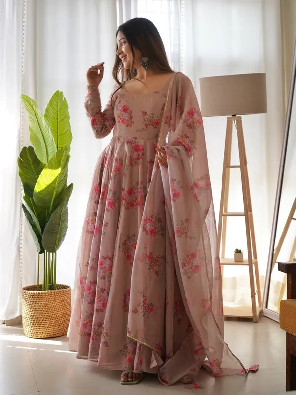 Elegant Brown Organza Silk Anarkali for Women – A Timeless Ethnic Ensemble for Every Occasion