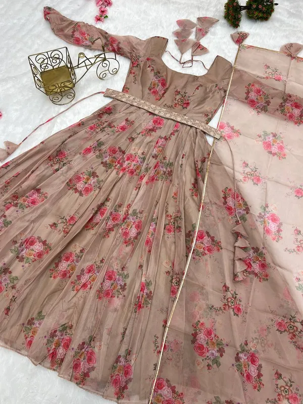 Elegant Brown Organza Silk Anarkali for Women – A Timeless Ethnic Ensemble for Every Occasion