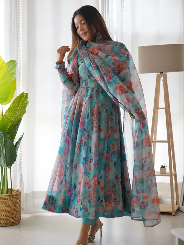 Stunning Teal Organza Silk Anarkali for Women – A Perfect Blend of Tradition and Modern Elegance