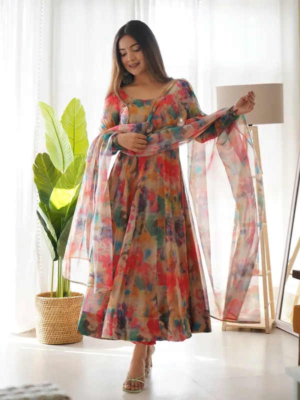 Exquisite Red Organza Silk Anarkali for Women – Perfect Ethnic Wear for Festivities