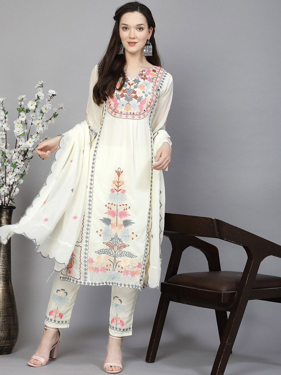 Chic Mirror Work Embroidered Kurta with Trousers & Dupatta in Georgette